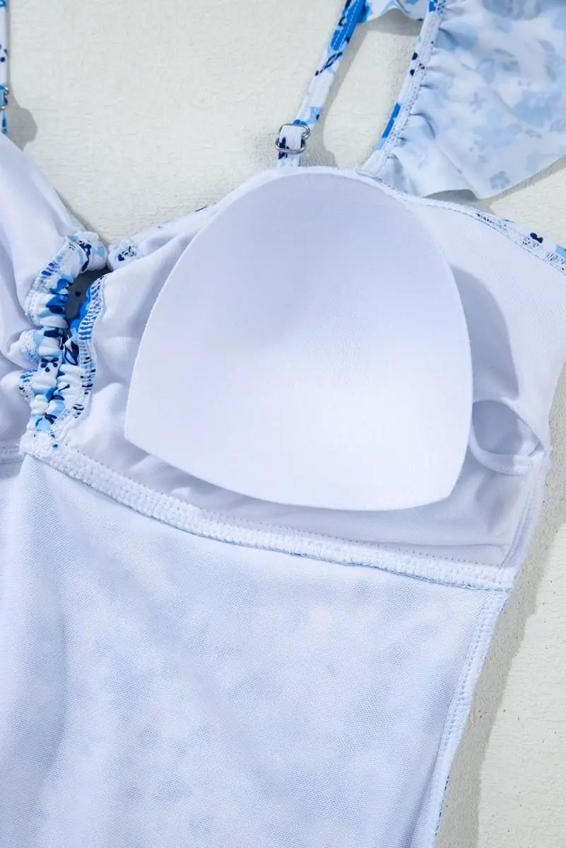 Blue Bohemian Floral Ruffled Lace-Up One-Piece Swimsuit - Love Salve